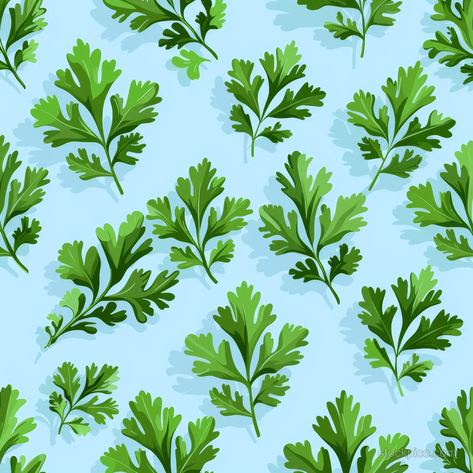 Seamless repeating pattern of green parsley leaves on a light blue background.