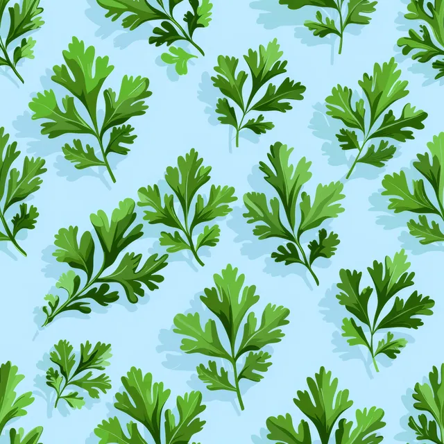 Seamless repeating pattern of green parsley leaves on a light blue background.