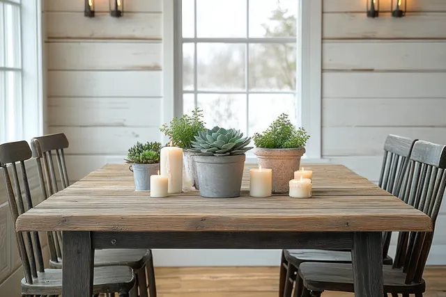 Rustic wooden dining table with potted succulents and candles in a bright farmhouse interior.