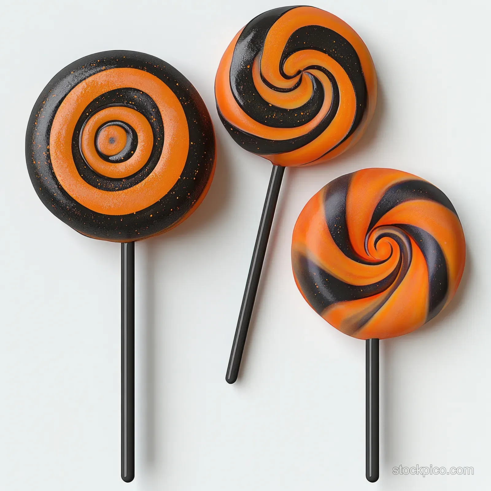 Three black and orange swirl lollipops on sticks arranged on a plain white background.