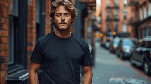 Young man wearing a black t-shirt standing on a New York City street with storefronts blurred behind.