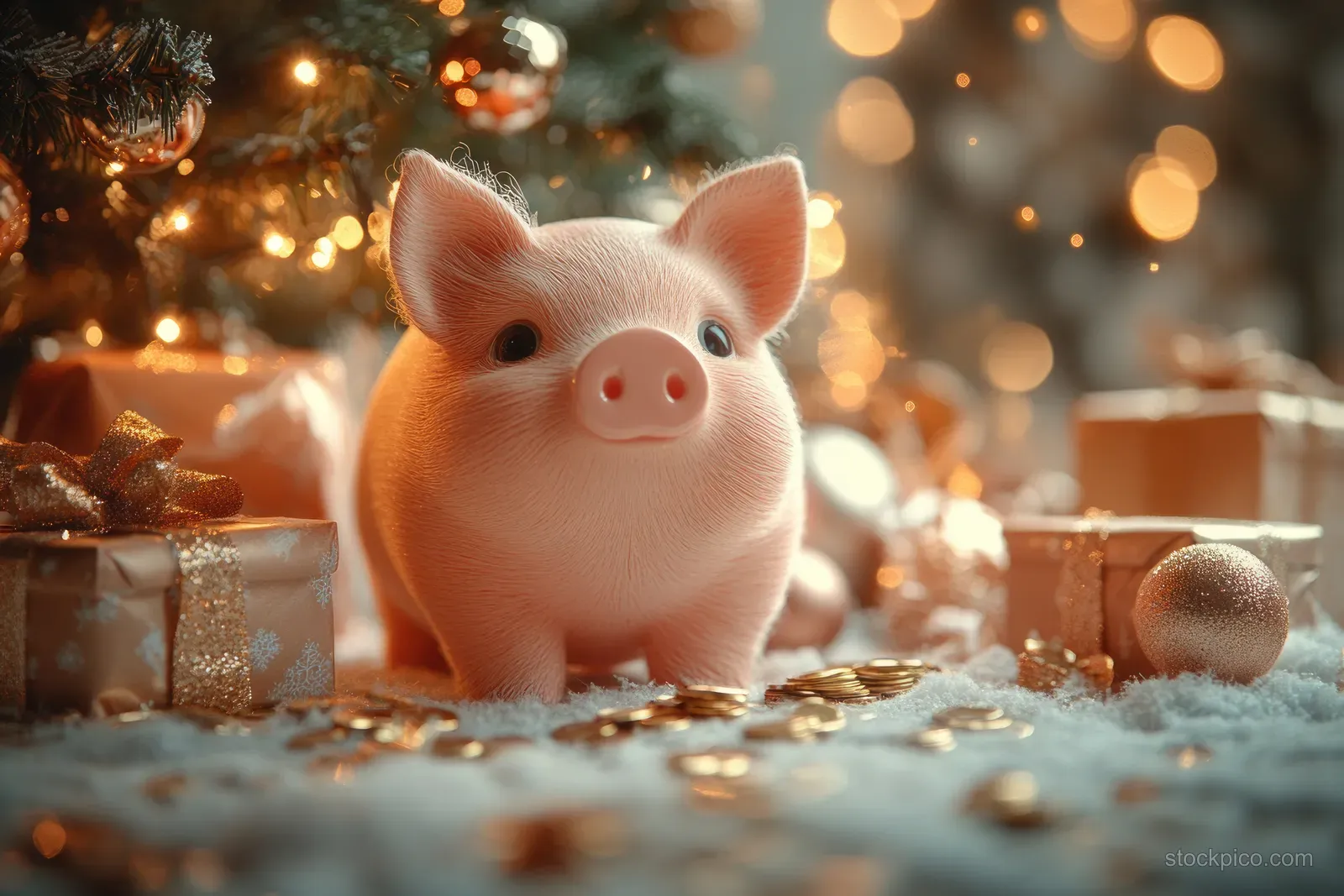A piggy bank surrounded by gold coins and wrapped gifts under warm Christmas tree lights.