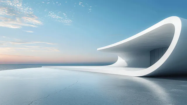 Abstract white wave sculpture sits on a concrete floor beneath a bright blue sky and wide horizon.