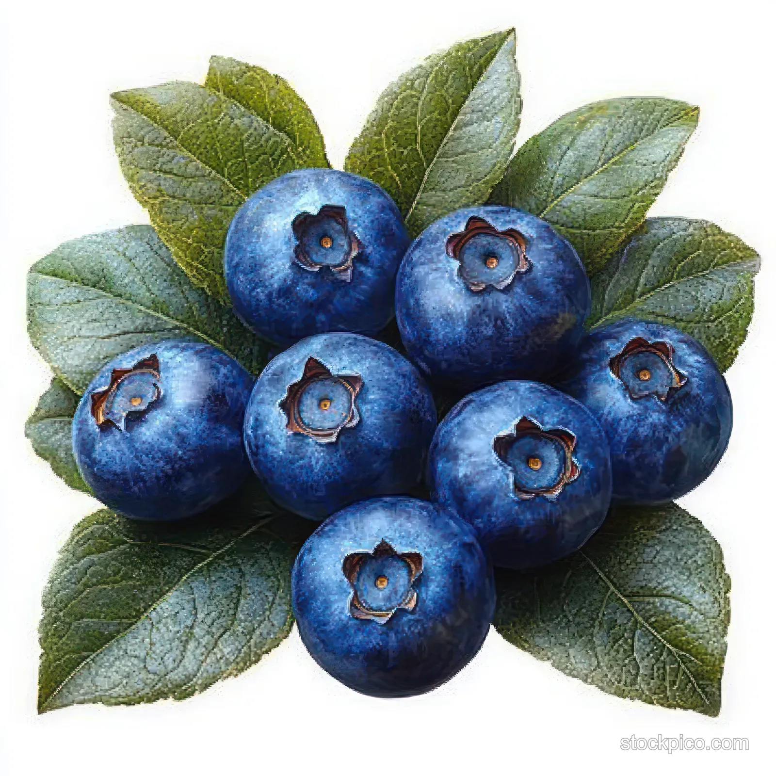 A cluster of ripe blueberries on green leaves with visible berry texture and natural stem details.