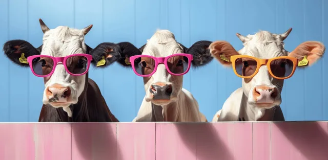 Three cows wearing bright sunglasses behind a pink tabletop on blue patterned background