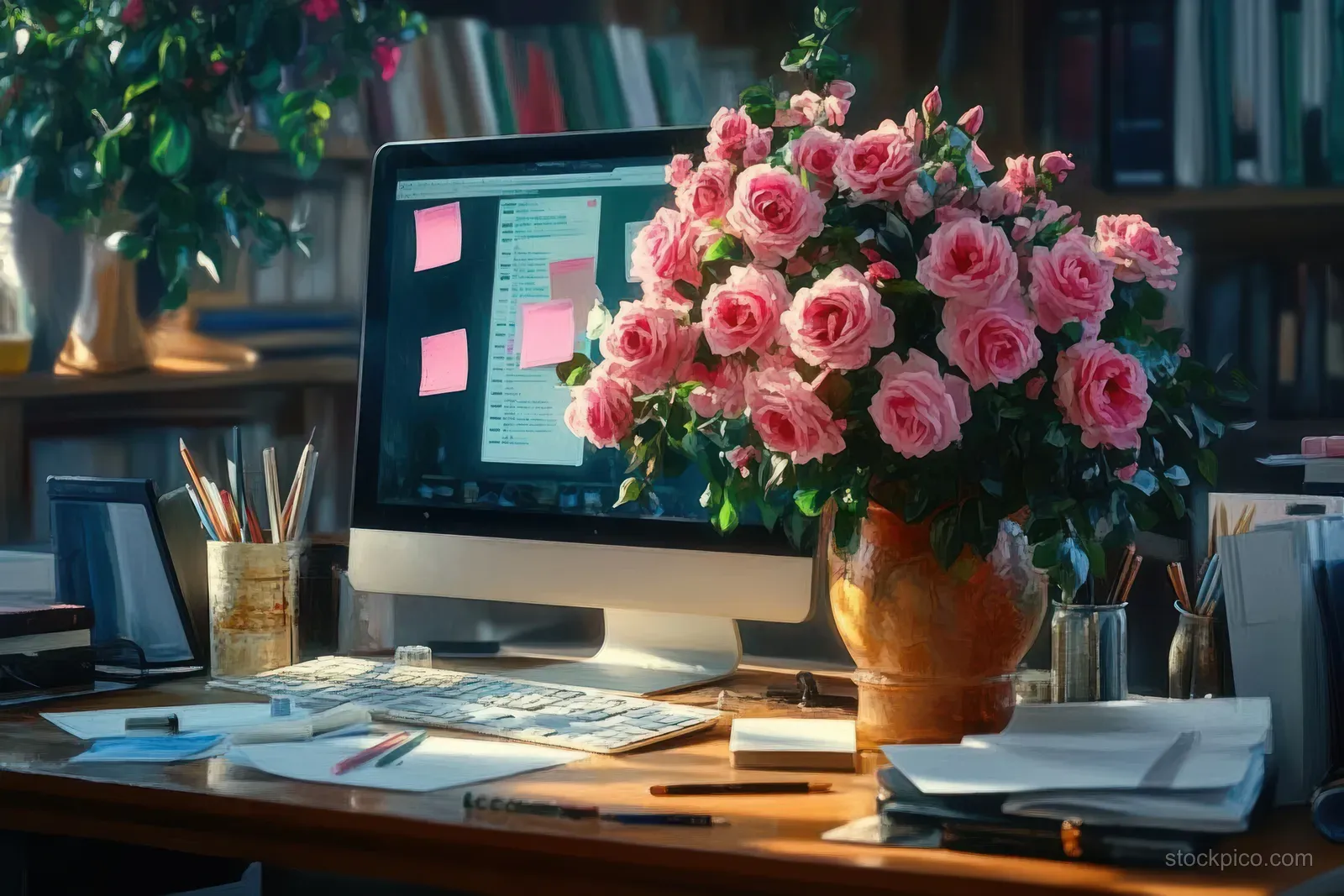Home office desk with a computer screen, scattered notebooks, and a vase of bright pink roses in front of bookshelves.