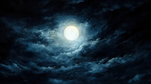 A bright full moon shines through swirling dark clouds in a dramatic night sky.