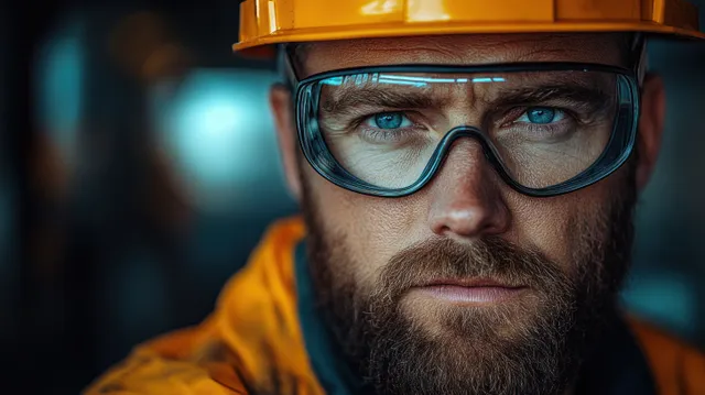 Bearded factory worker wearing safety goggles and hard hat
