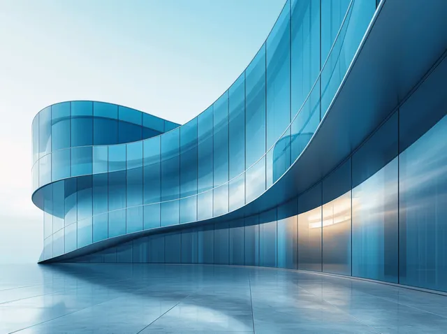 Curved blue glass skyscraper facade with vertical window bands and a bright sky backdrop.