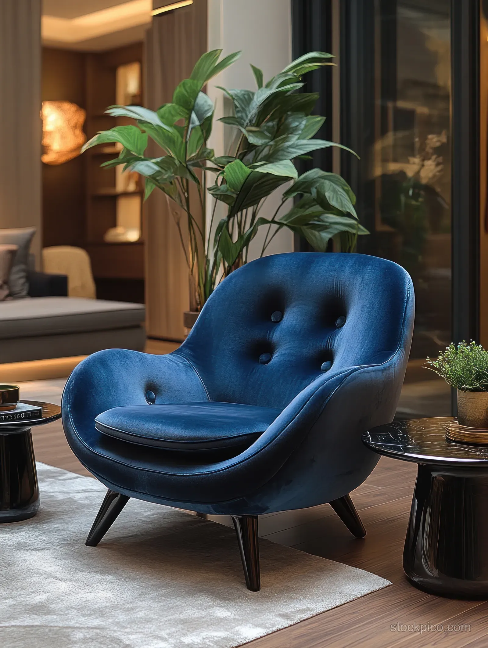 A blue velvet armchair in a minimalist room beside modern coffee tables and tall potted plants under warm light.