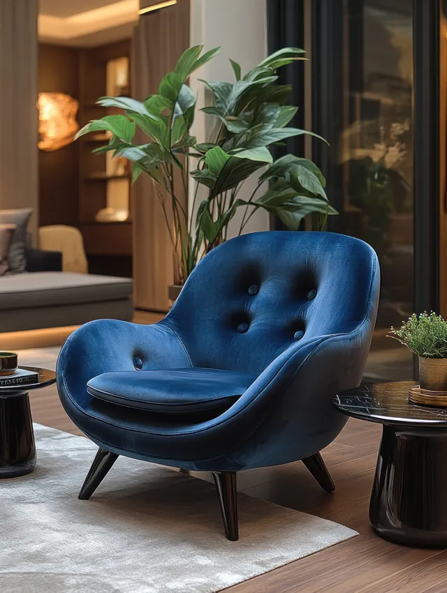 A blue velvet armchair in a minimalist room beside modern coffee tables and tall potted plants under warm light.