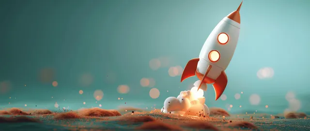 Red rocket lifts off from a sandy launchpad with flames and smoke, set against a teal bokeh background.