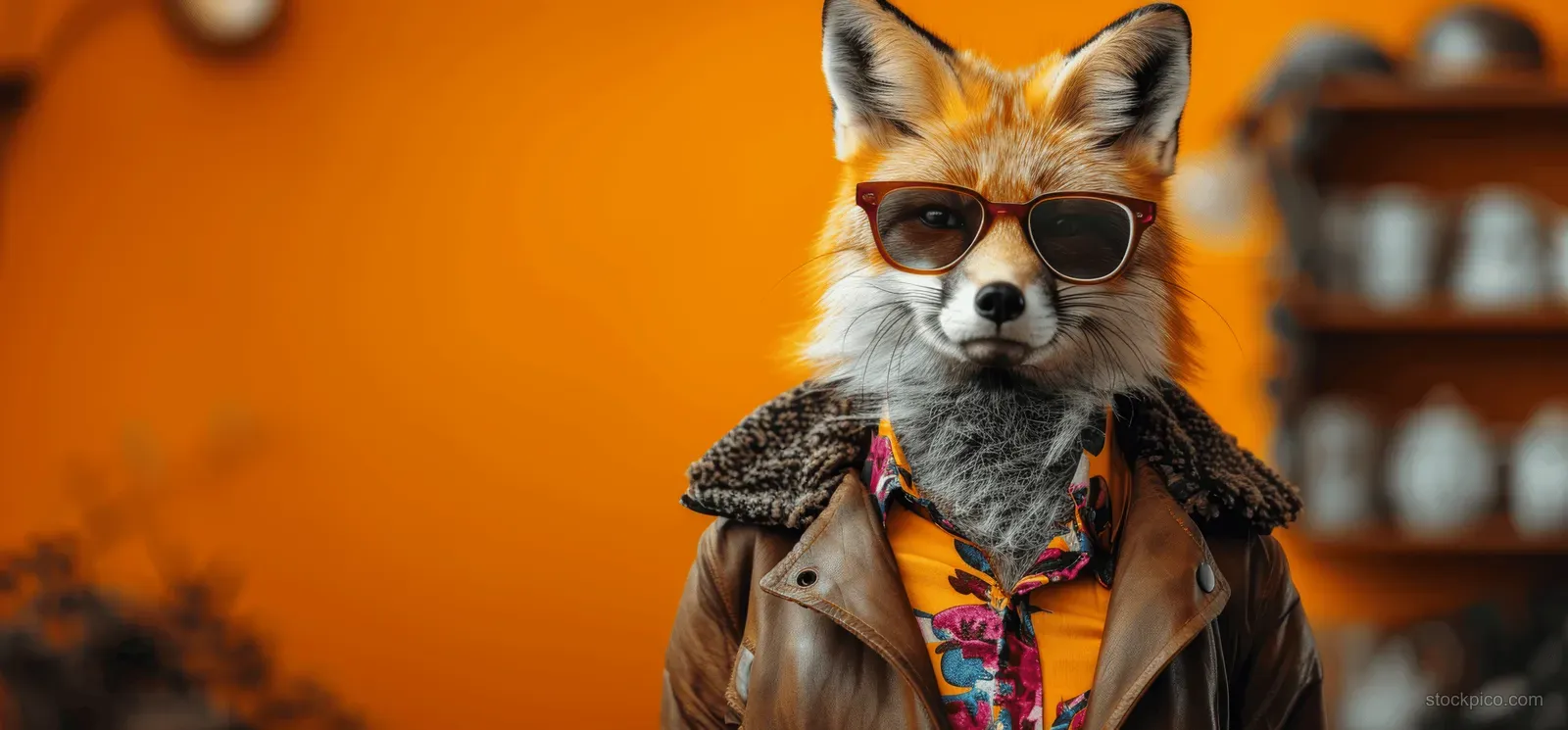 A fox wearing sunglasses and a patterned shirt poses in a studio portrait against a bright orange background.