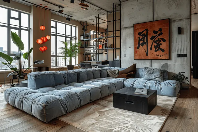 Light blue modular sofa sits on wooden flooring beneath warm pendant lights with framed calligraphy on a concrete wall.