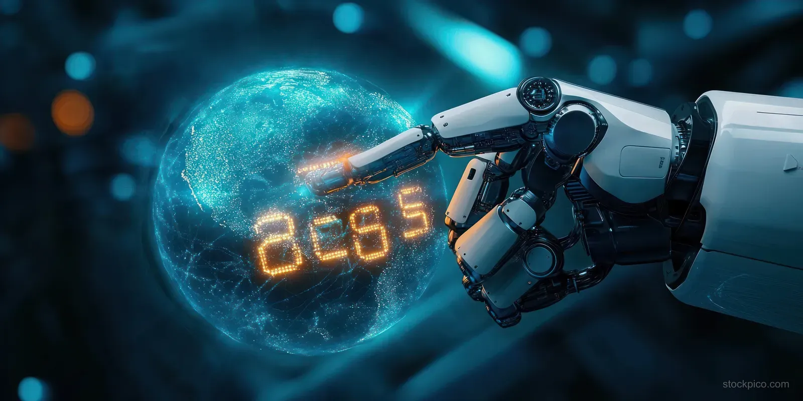 A robotic arm touches glowing 2025 digits inside a blue digital sphere.
