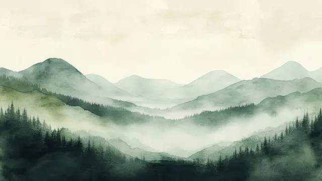 Misty mountain valley with layered evergreen forests and soft fog under cloudy skies