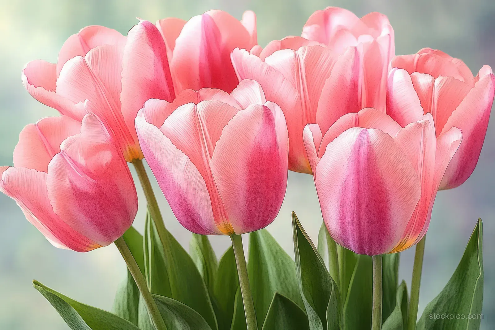 Close-up of soft-focus pink tulips with gentle backlighting, evoking a springtime feel perfect for cards and decorative designs.