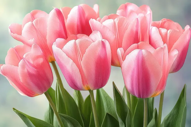Close-up of soft-focus pink tulips with gentle backlighting, evoking a springtime feel perfect for cards and decorative designs.