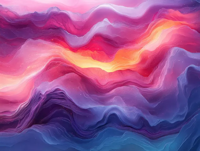 Dreamy neon fluid waves ripple across a digital glitchy landscape backdrop