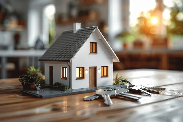 A mini house model and keys rest on a table beside a blurred apartment background.