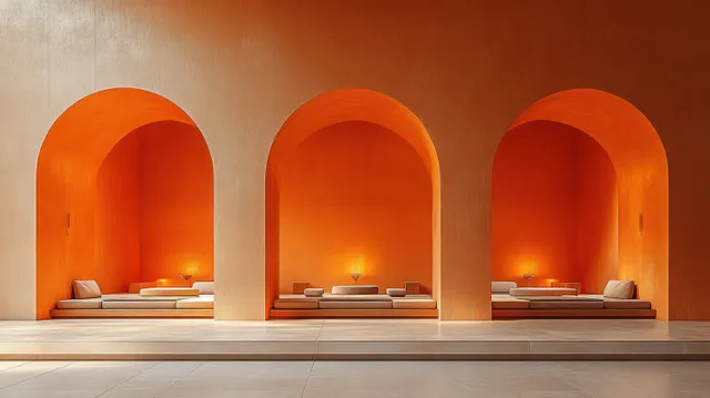 Minimalist corridor with arched terracotta walls, recessed niches, wooden details, and warm candlelit lighting on a pale floor.