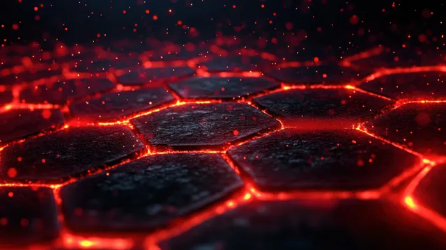 Dark hexagonal tiles cracked with glowing molten lava, emitting red sparks over a fiery surface.