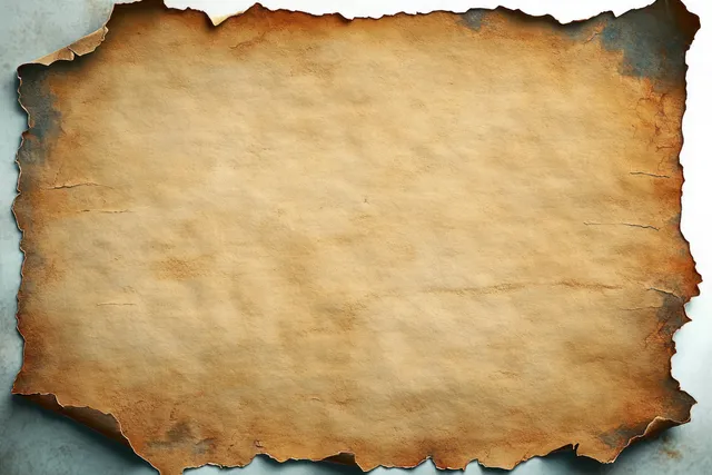 Torn aged parchment with burnt edges on textured gray backdrop, blank center for design