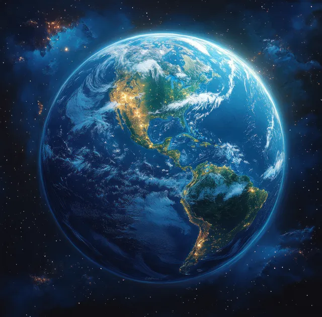 A glowing Earth in space showing South America, blue oceans, and cloud bands.