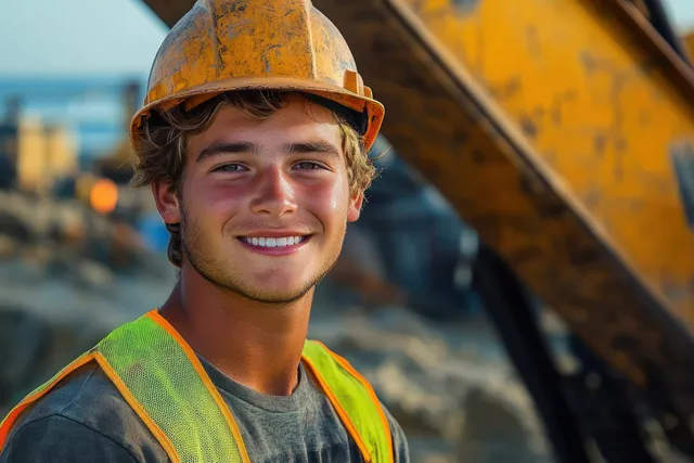 Smiling construction worker in yellow hard hat and safety vest at outdoor job site