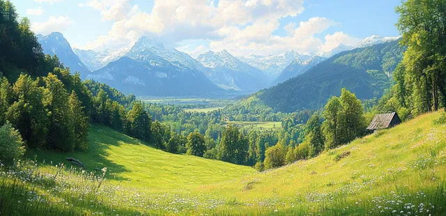 Sunlit mountain valley with green meadows, wildflowers, dense forest, and a small wooden cabin beneath distant snow-capped peaks.