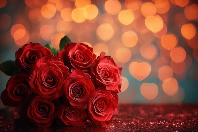 Red roses grouped together with glowing heart-shaped bokeh lights on a dark backdrop.