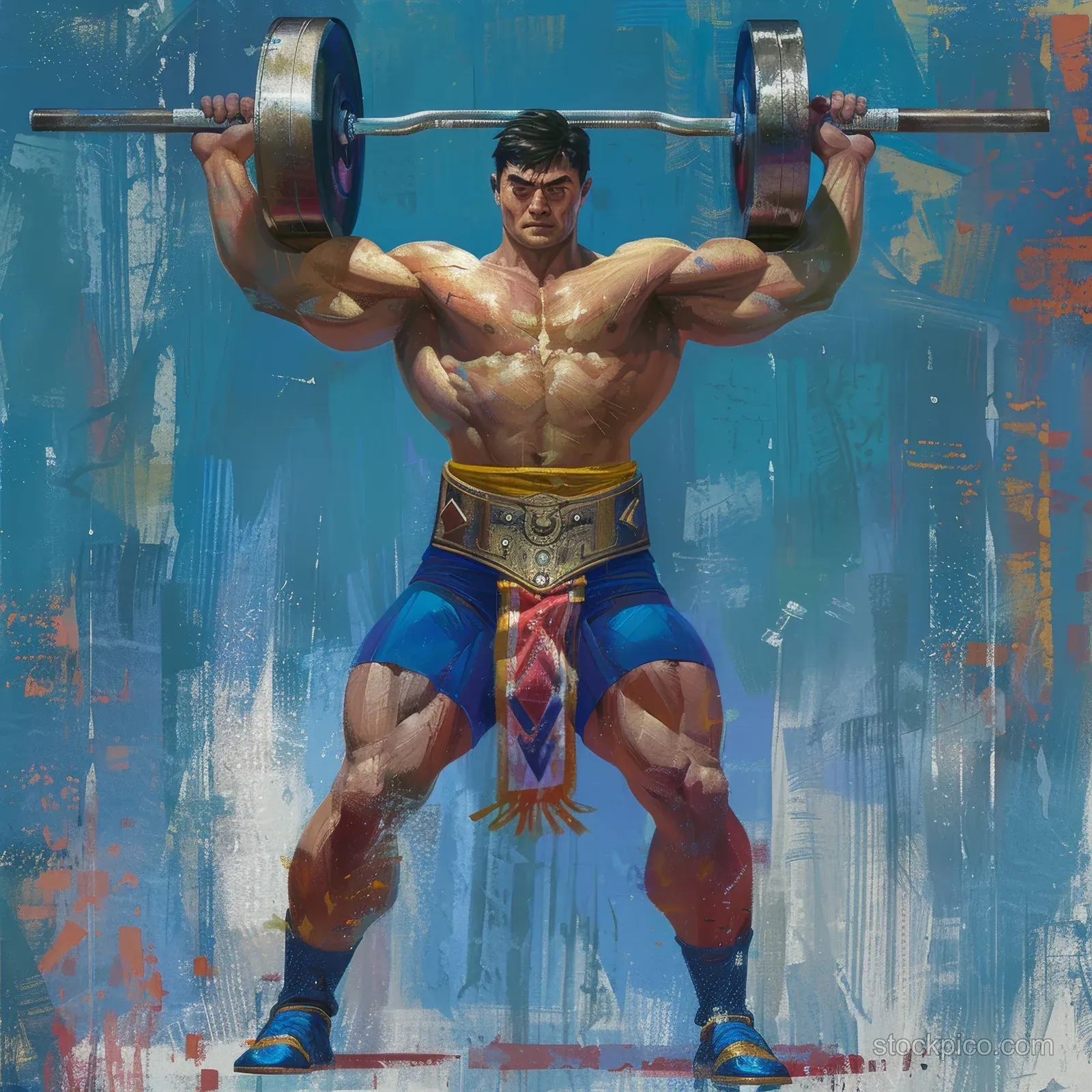 A Kazakh weightlifter in blue gear raises a heavy barbell as blue splash effects burst behind him.
