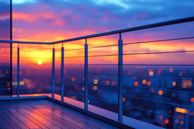A glass-railed balcony overlooks a city skyline at sunset with blurred lights.