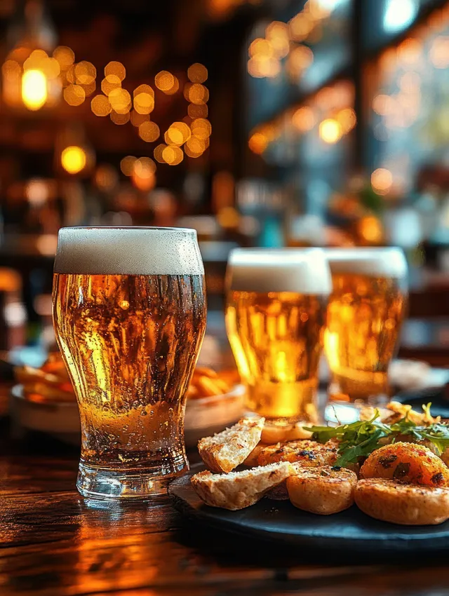 Three golden beer glasses with frothy heads sit beside a platter of savory bar snacks in a cozy, softly lit pub.