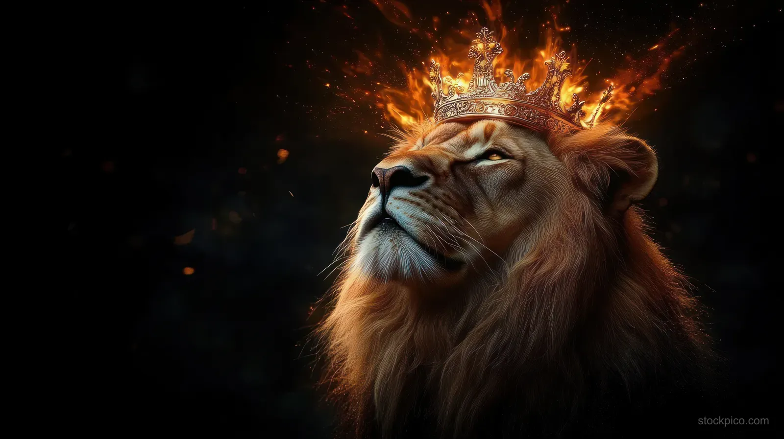 Lion head wearing a glowing golden crown with fiery sparks radiating against a dark background.