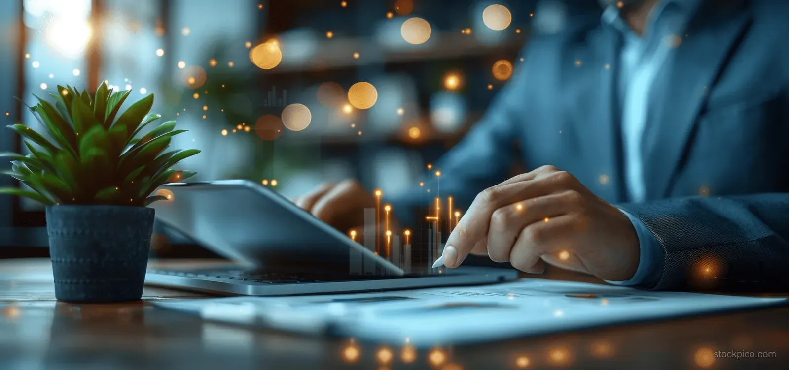 A businessman types on a laptop beside a tablet on an office desk with warm candles and city lights bokeh.