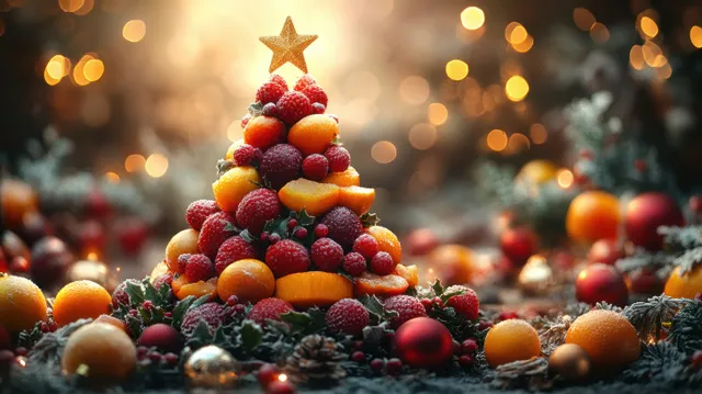 Fruit Christmas tree pyramid made of apples, oranges, grapes, bananas, and berries with warm glowing holiday bokeh background.