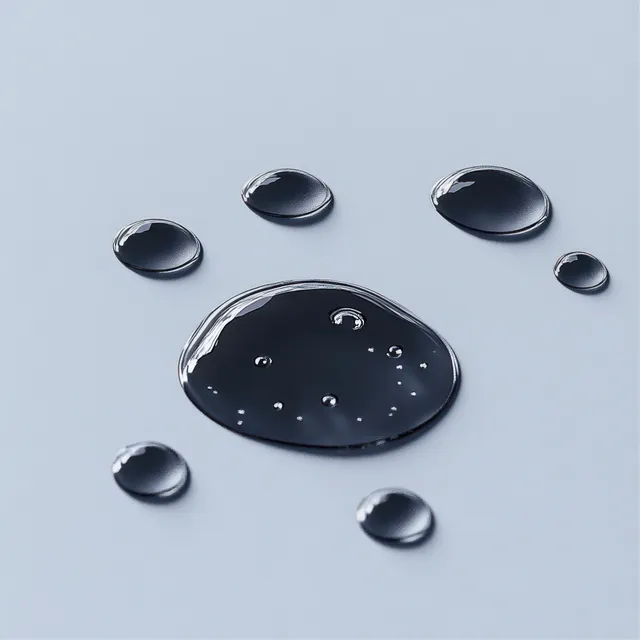 Water droplets form a paw print on a smooth light surface, macro reflections