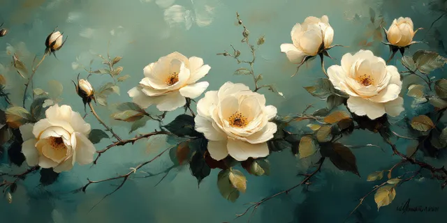 Cream roses bloom on teal branches with soft painterly impressionism texture