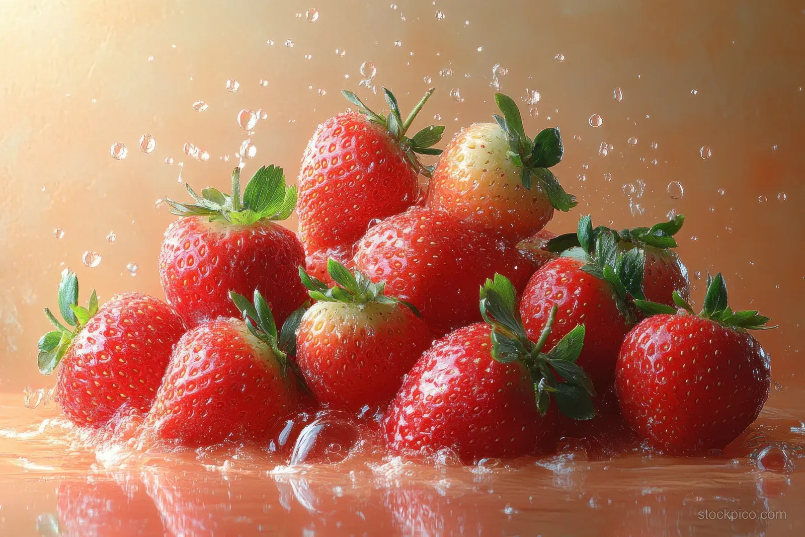 Ripe strawberries splash into water with bubbles against a warm peach background.