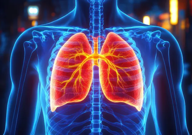Glowing 3D lungs and bronchial tree are shown inside a human chest with visible rib cage.