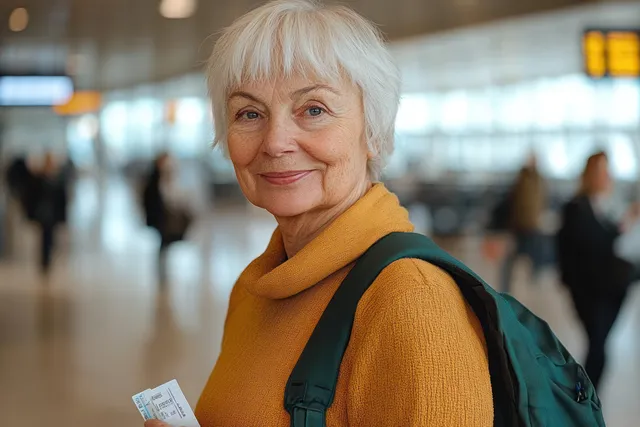 An older traveler in a mustard sweater holds a boarding pass in an airport terminal with a green backpack and blurred passengers behind.