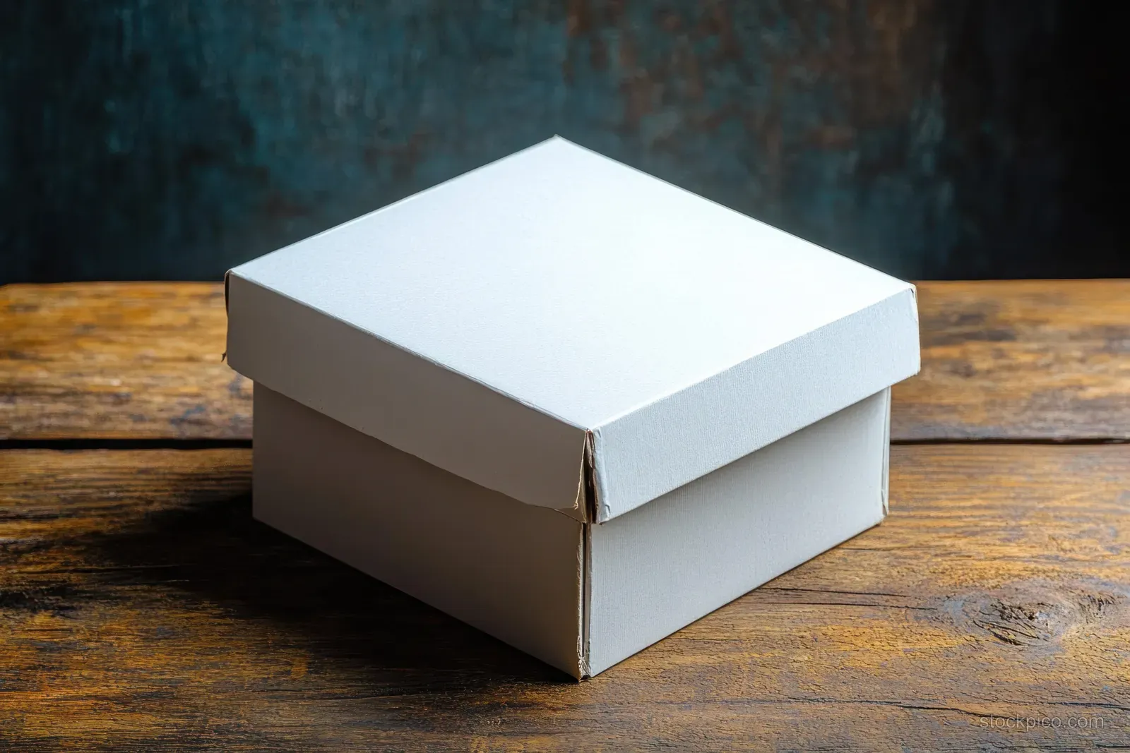 Closed white cardboard box with a folded lid resting on a rustic wooden table against a dark textured background.