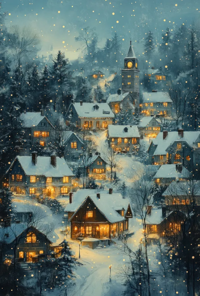 Snowy whimsical village at night with glowing windows, rooftops, and a distant tower while snowflakes fall.