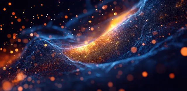 An abstract swirling galaxy background with glowing network nodes, polygon lines, and orange-blue cosmic particles.