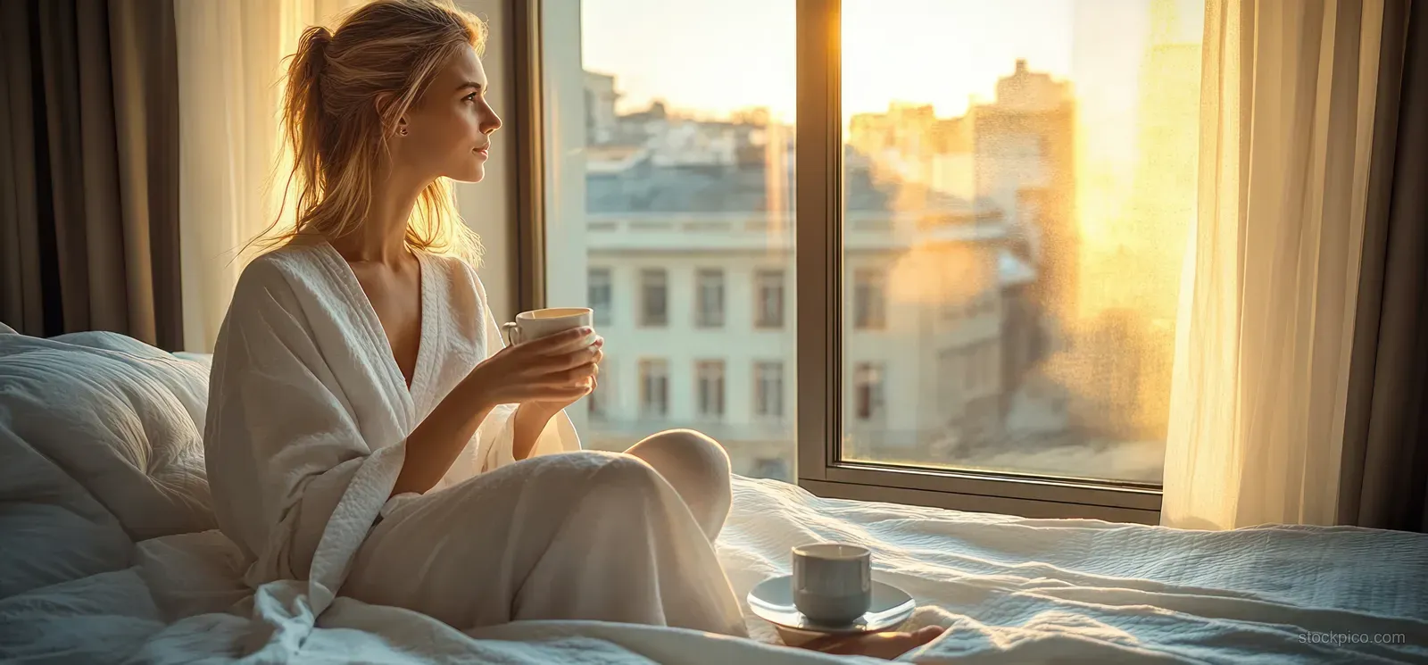 Woman in a white bathrobe sits on a bed holding a coffee cup while sunrise light fills her bedroom through the window.