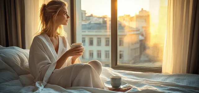 Woman in a white bathrobe sits on a bed holding a coffee cup while sunrise light fills her bedroom through the window.