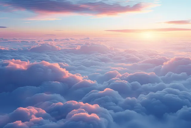 Sunset light illuminates layered clouds beneath a pink and blue sky.