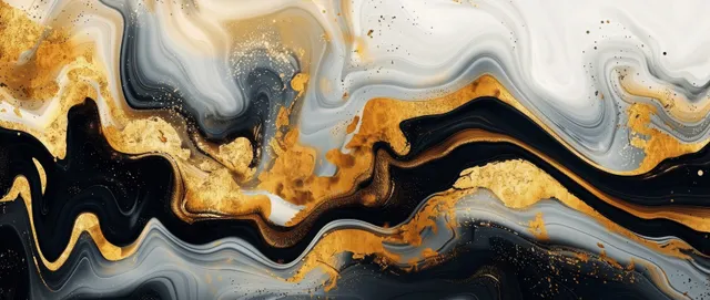 Black and gold liquid marble abstract waves with glossy ink swirls over a speckled stone texture background.