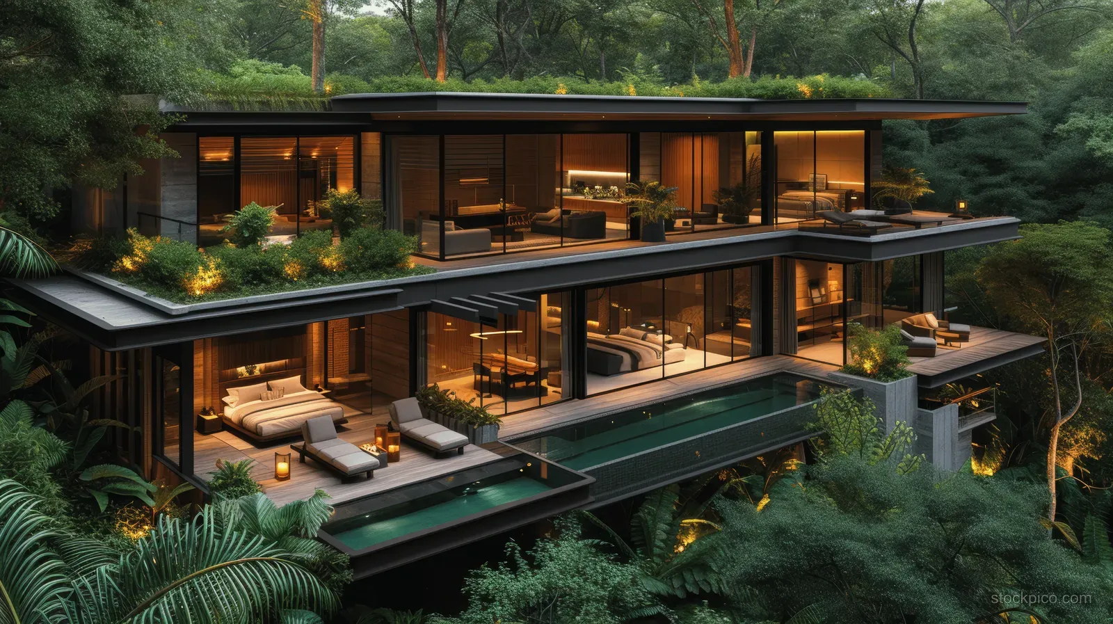A modern cubic villa with an infinity pool overlooks a dense tropical forest as sunset light glows across the facade.